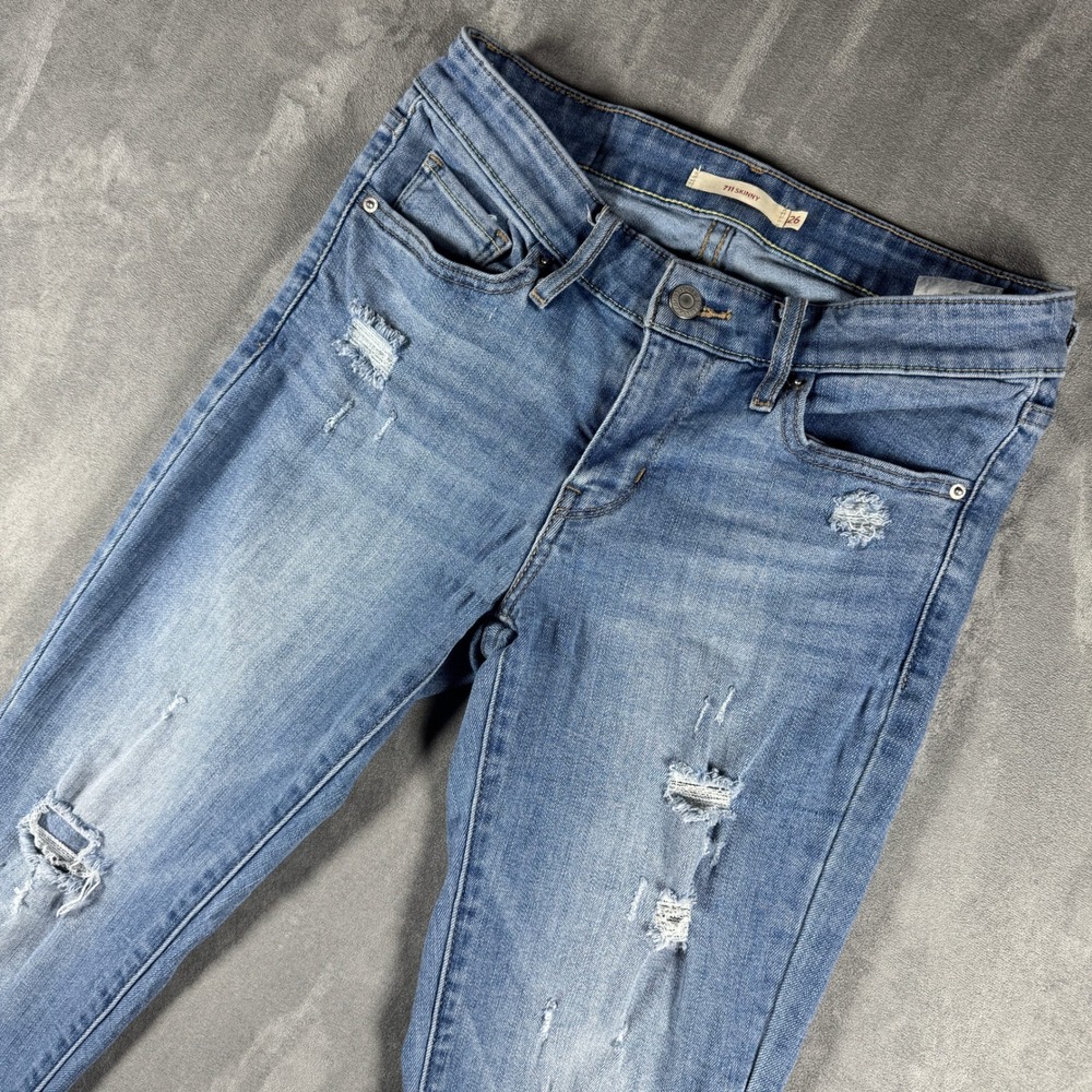 Levis 711 Skinny Jeans Womens 26 Medium Wash Distressed Ripped Mid Rise Denim - Picture 3 of 12